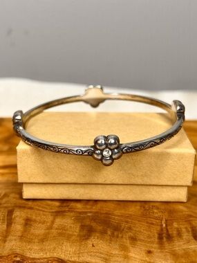 BRIGHTON Bangle Bracelet La Vie  Silver Tone Floral Scrollwork Rhinestones